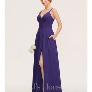 Blue Sleeveless Maxi Dress with Slit for Wedding Guest JJHOUSE